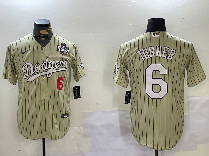 Men Los Angeles Dodgers #6 Turner Green Stripe Game 2024 Nike MLB Jersey style 2